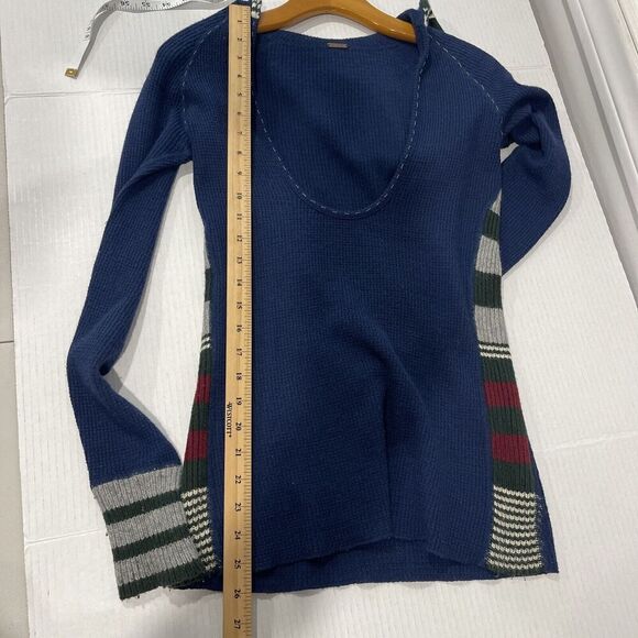 Free People Medium Waffle Knit Hoodie Top Sweater Wool Blend Blue Boho Beachy - Picture 9 of 11